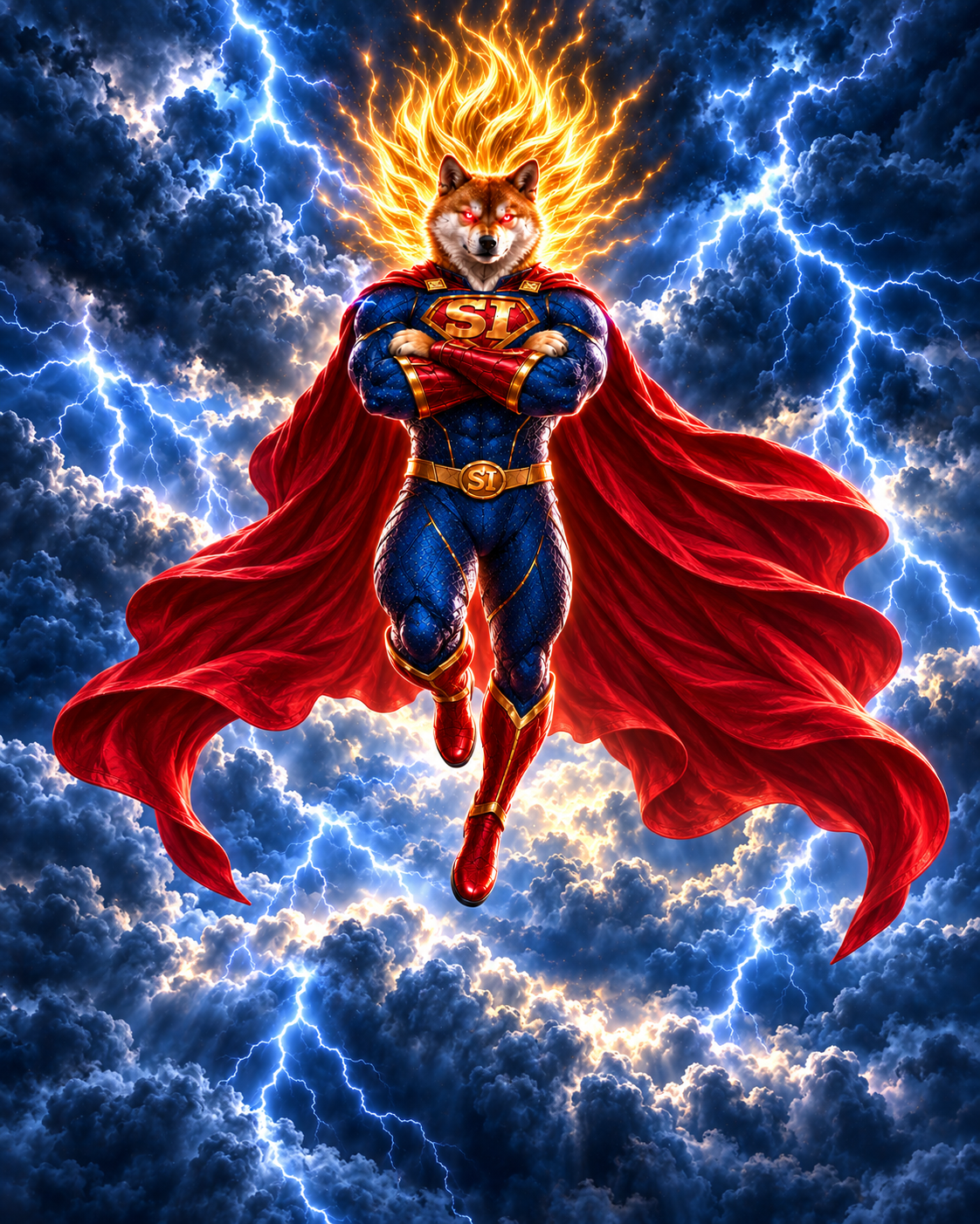 Super Inu hovering among storm clouds, with a golden energy aura, red glowing eyes and a long red cape